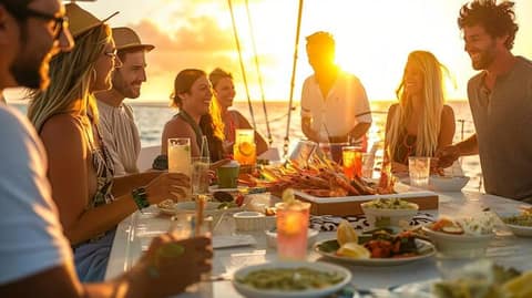 Group enjoying food and drinks on a yacht at sunset